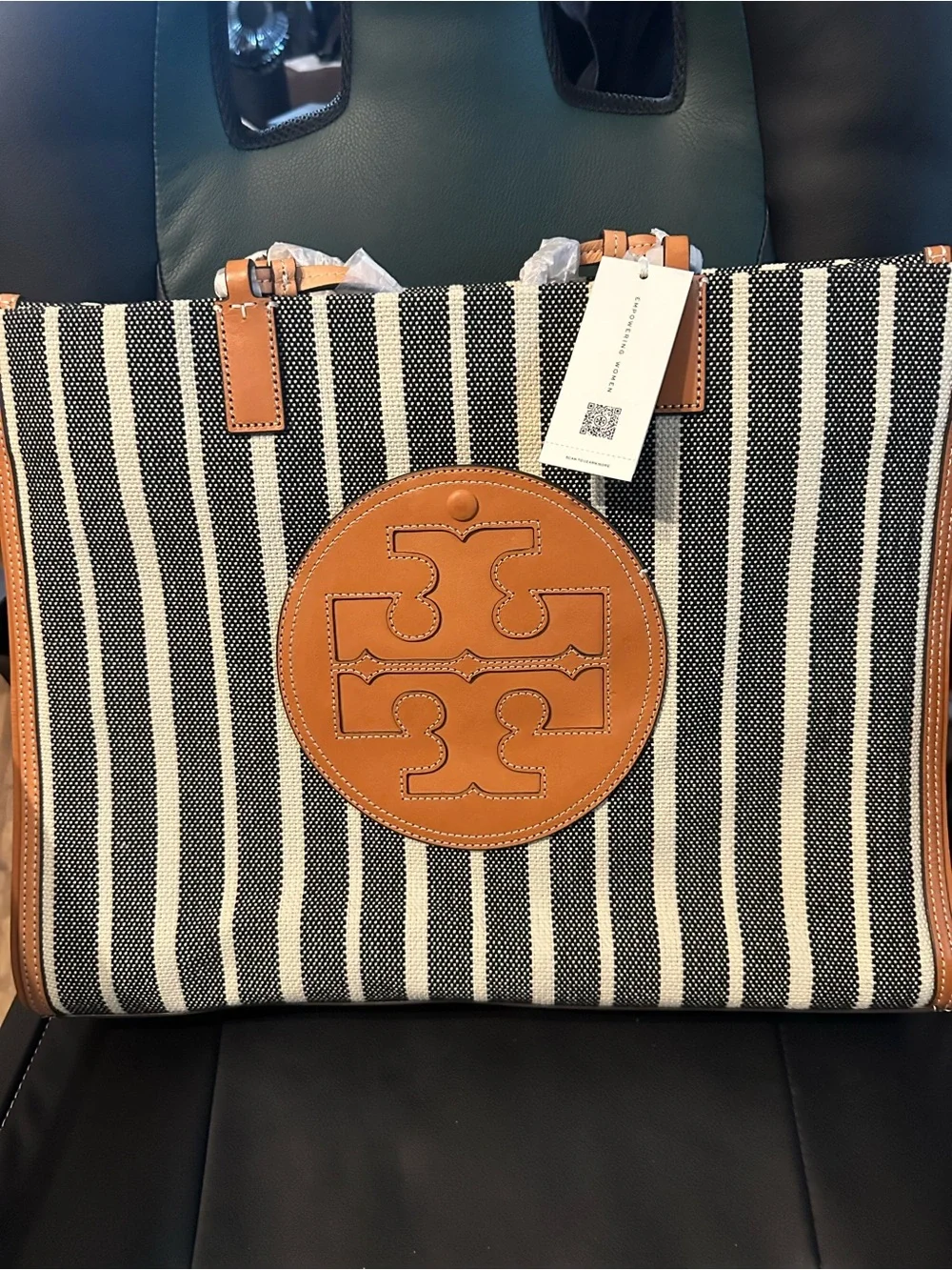 RARE…Tory Burch Black and Tan Striped Ella Canvas Tote with Logo Medallion
